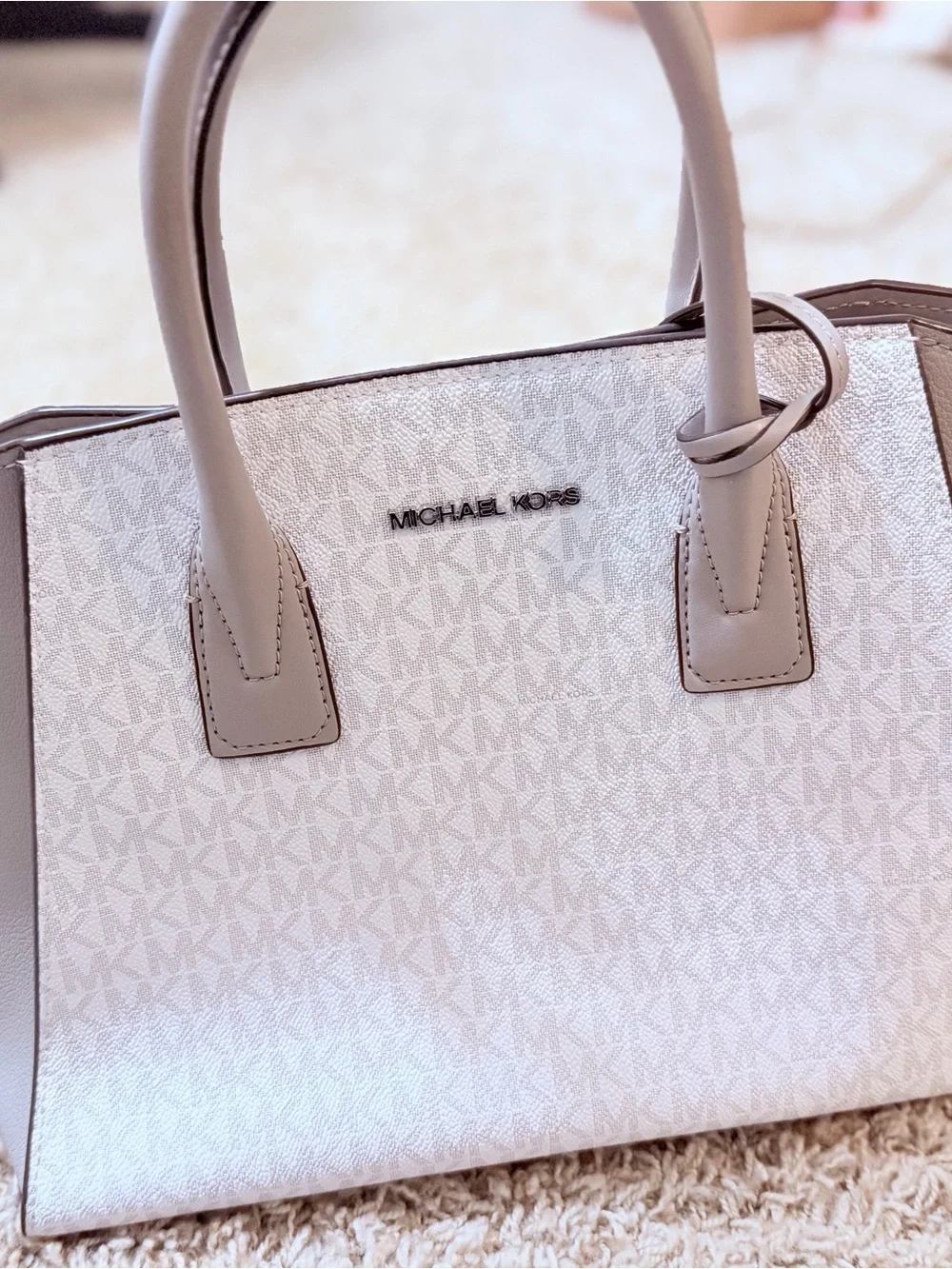Michael Kors White & Taupe MK Logo Satchel